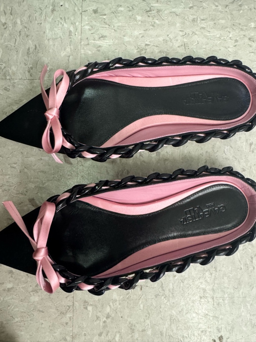 Pointed Toe Pink and Black Braided-Trim Flats